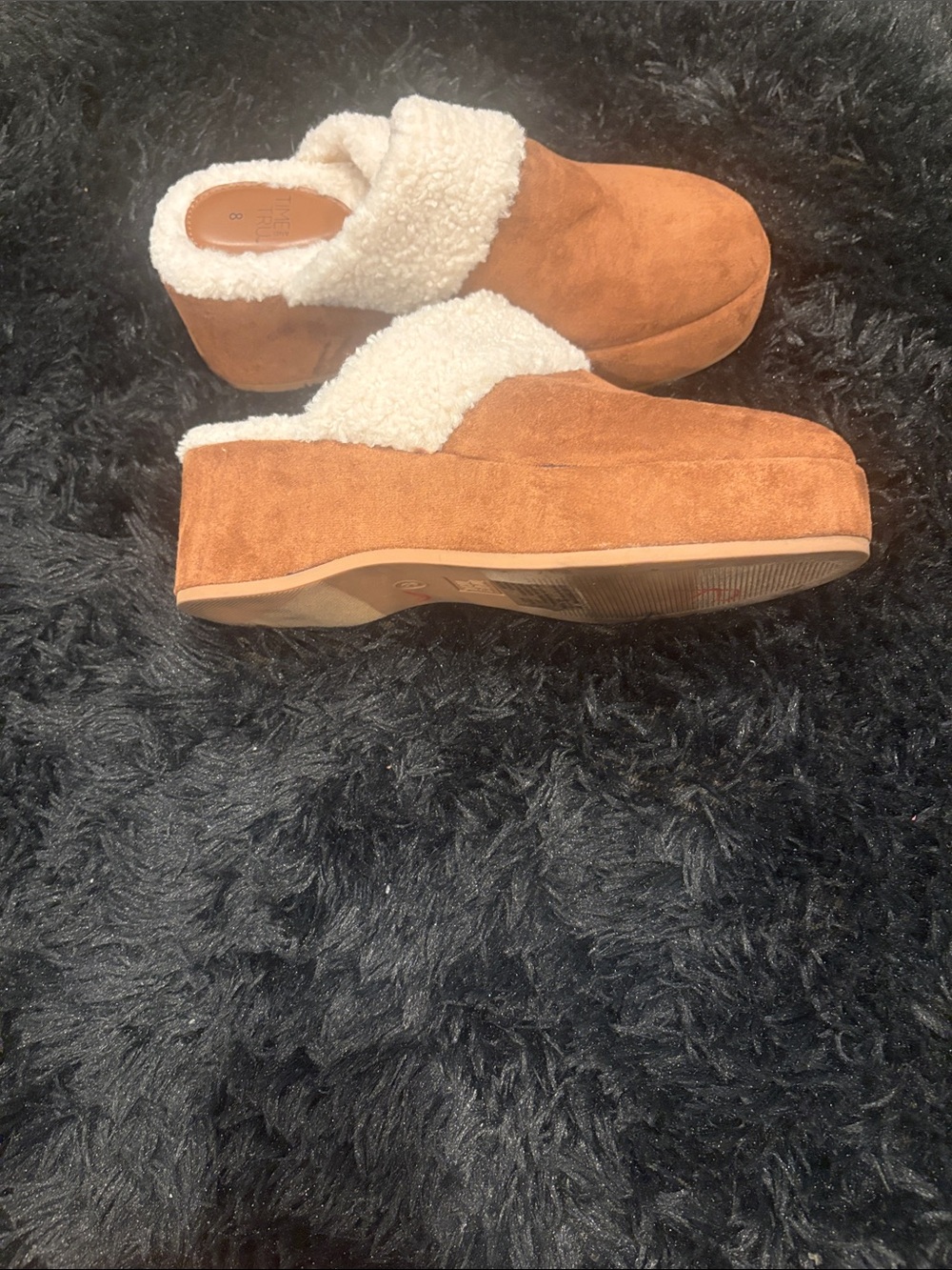 Time and Tru Chestnut Suede-Look Platform Clogs with Cream Faux Shearling